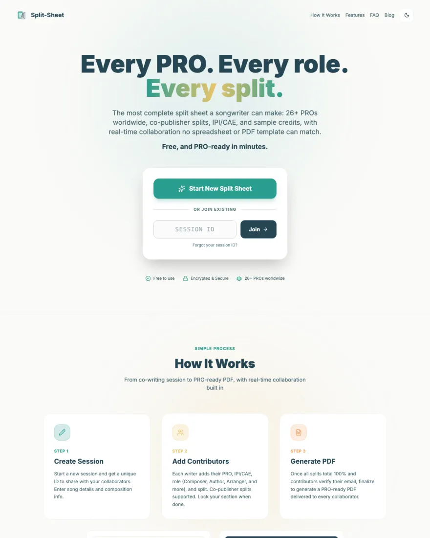 Split-Sheet homepage