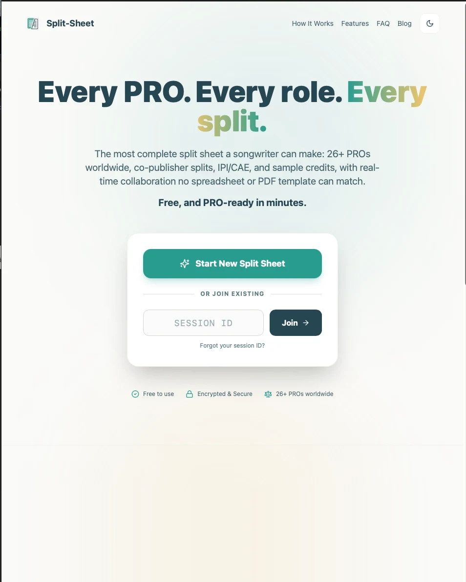 Split-Sheet homepage